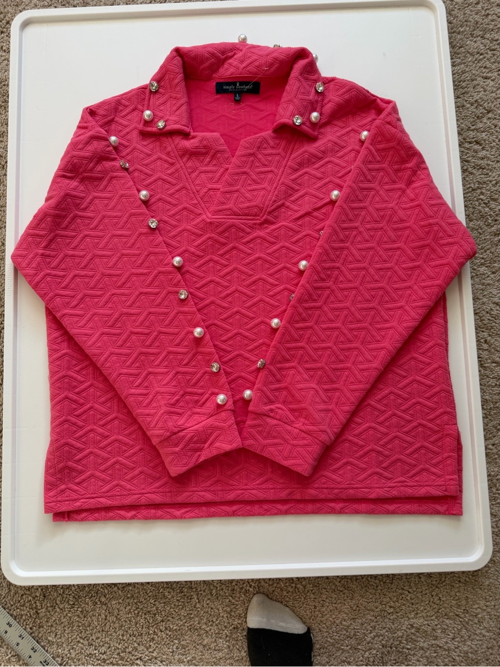 Simply Southern Hot Pink Quilted Knit Pullover w/ Pearl & Rhinestone Accents L - Picture 8 of 11